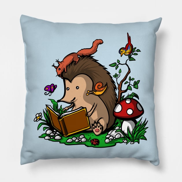 Hedgehog Book Reading Lover Funny Geek Forest Pillow by underheaven