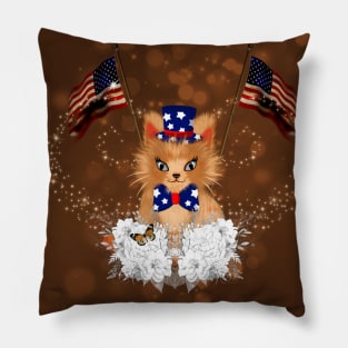 Cute kitten with flag and american flag Pillow