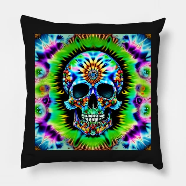 Skull Tie Dye Psychedelic Trippy Festival Hippie Neon Pillow by Anticulture