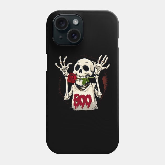 Funny Halloween Skeleton With a Red Rose In Its Mouth Phone Case by Positive Designer
