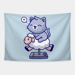 Cute Cat Riding Sheep Toy Cartoon Tapestry