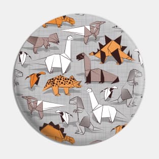 Origami dino friends // pattern // grey linen texture background orange white and beige dinosaurs Pin