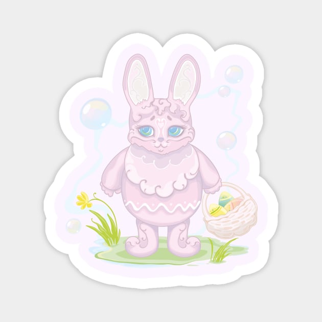 Easter pink bunny with a basket of eggs Magnet by Santa Muertes