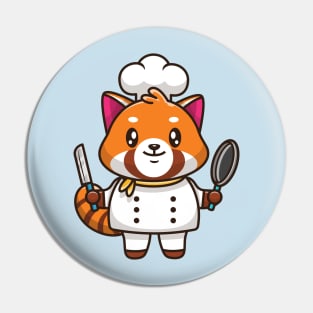 Cute Red Panda Chef Holding Pan And Knife Cartoon Pin