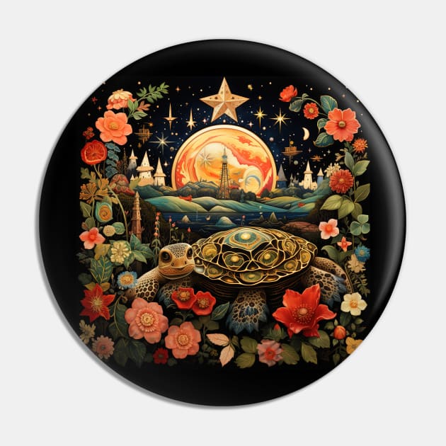 Surrealistic Folk Art Dark Floral Motif Turtle Design Pin by The Little Store Of Magic