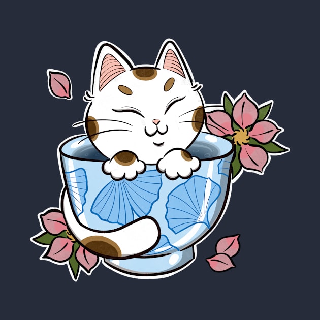 japanese tea cat tattoo by creativeballoon