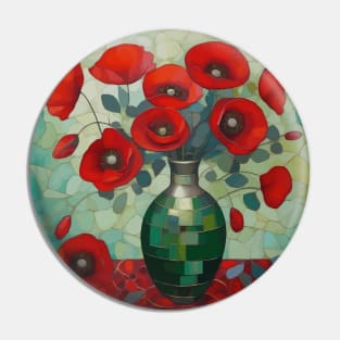 Red Poppies and Eucalyptus Leaves in a Geometric Green Vase Pin