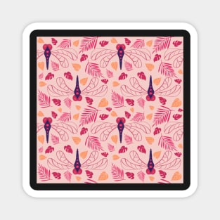 Red Dragonfly and Orange Leaf Pattern on Pink Magnet