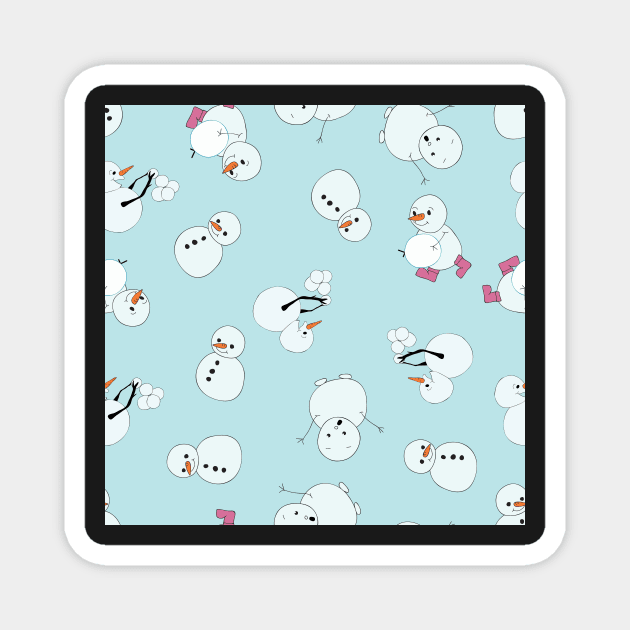 Playful Snowmen playing with snowballs blue background Magnet by MegMarchiando