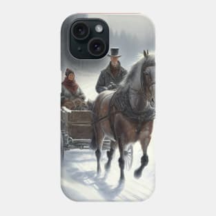 Snow-covered countryside with couple in horse-drawn sleigh Phone Case