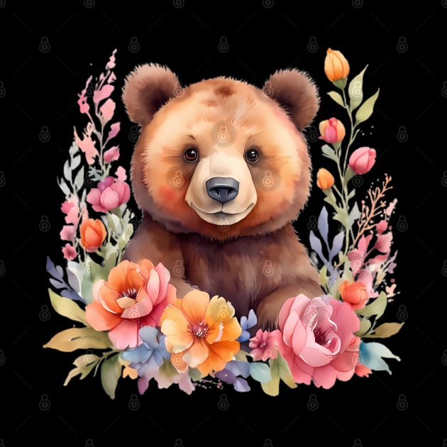 A brown bear decorated with beautiful watercolor flowers by CreativeSparkzz