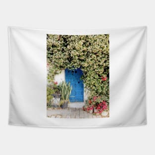 Blue door with pink blossom, Sidi Bou Saïd Tapestry