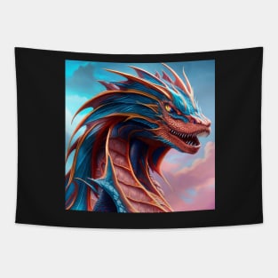 Intricate Bronze and Blue Metallic Dragon Tapestry