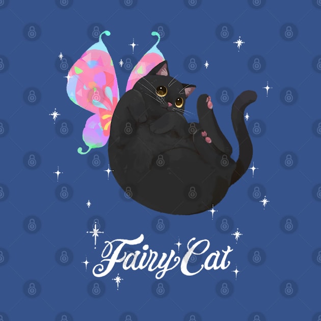 Curled Up Black Fairy Cat (with white text) by You Miichi