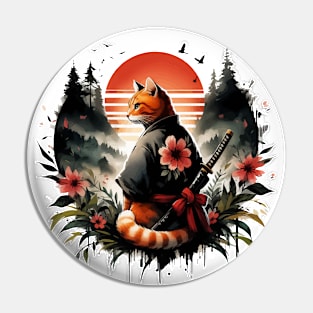 Sumie Floral Ginger Cat Samurai Warrior In Forest Pin