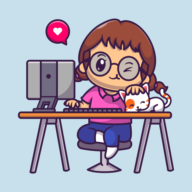 Cute Girl Working On Computer With Cat Cartoon by Catalyst Labs