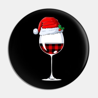 Red Buffalo Plaid Wine Glass Santa Hat Christmas Pin