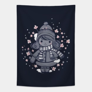 Shy Girl in Sakura Flowers Tapestry