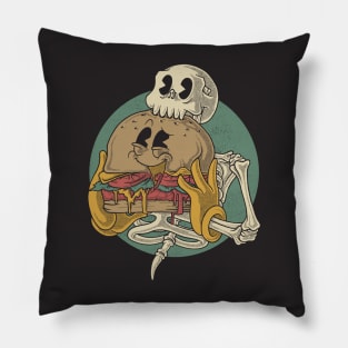 Cartoon retro skull eating burger Pillow