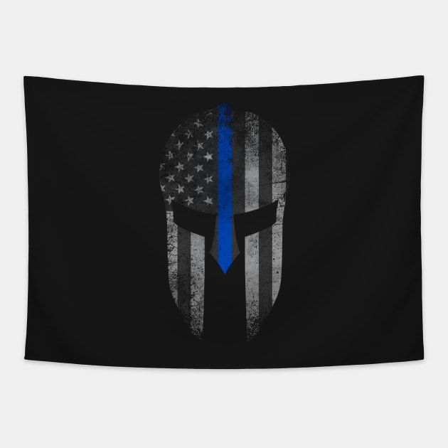 Blue Line American Flag Spartan Helm Tapestry by Runesilver