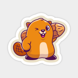 Cute Beaver Holding Wood Cartoon Magnet