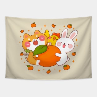 Shiba Inu Bunny Chick Orange Tapestry