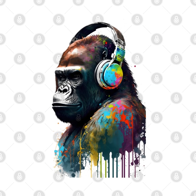 Gorilla Listening to Music on Headphones Painting by ArtisticCorner