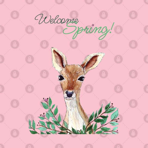 Welcome spring Cute Watercolor deer by Wolshebnaja