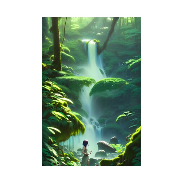 Beautiful Girl Chilling in Waterfalls in a Forest by Trendy-Now