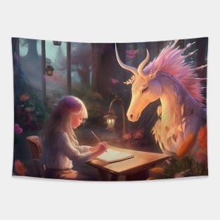 The Enchantment of Fantasy: A Magical Journey with a Dreaming Unicorn and an Adventurous Child in a Dream World Tapestry