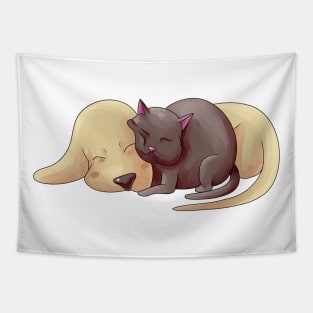 Cat and dog napping cute illustration Tapestry