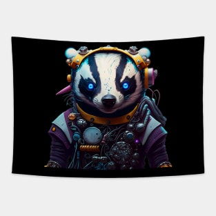 Cyborg Badger with Glowing Blue Eyes Tapestry