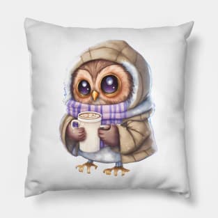 Chibi Owl Drinking Hot Chocolate Cute Baby Christmas Scarf Beanie Pillow