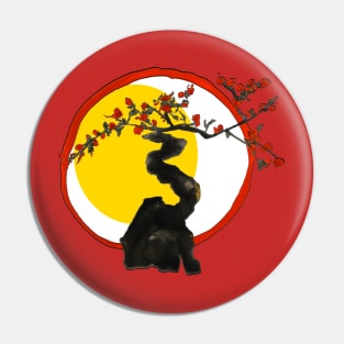 Rising sun ruby red bonsai tree - Enso circle design Pin