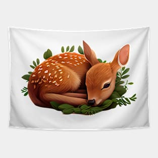 A baby deer sleeps in the brush Tapestry