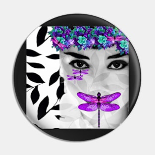 DRAGONFLY WOMAN PURPLE  AND BLUE FLOWERS Pin