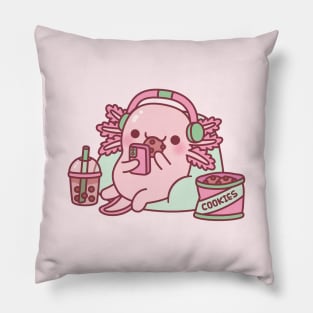 Cute Axolotl Chilling With Cookies And Bubble Tea Pillow