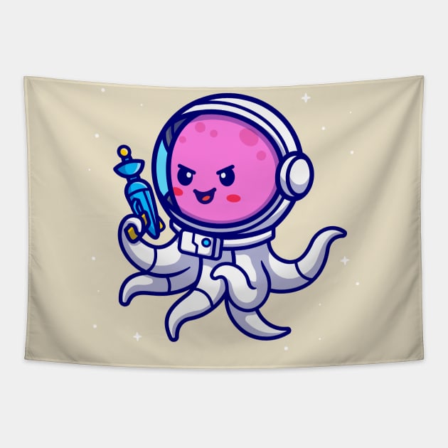 Cute Octopus Astronaut Holding Weapon Cartoon Tapestry by Catalyst Labs