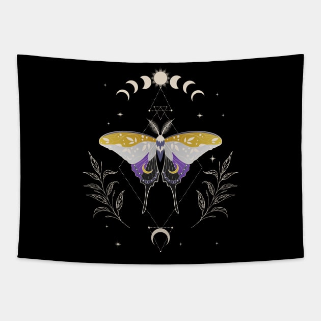 Nonbinary Luna Moth Celestial Cottagecore LGBT Pride Flag Tapestry by Psitta