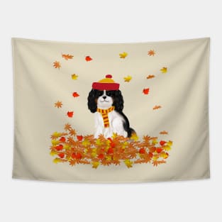 Tri Color Cavalier King Charles Spaniel in Autumn Leaves Tapestry