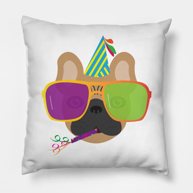 Party French Bulldog With Party hat and Colorful Sunglasses Pillow by sigdesign