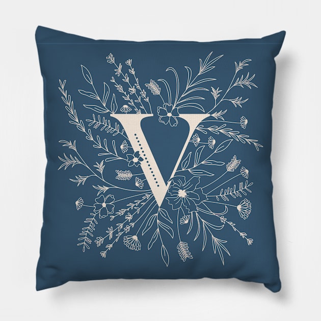 Botanical Letter V (Lake Blue) Pillow by Cascade Patterns