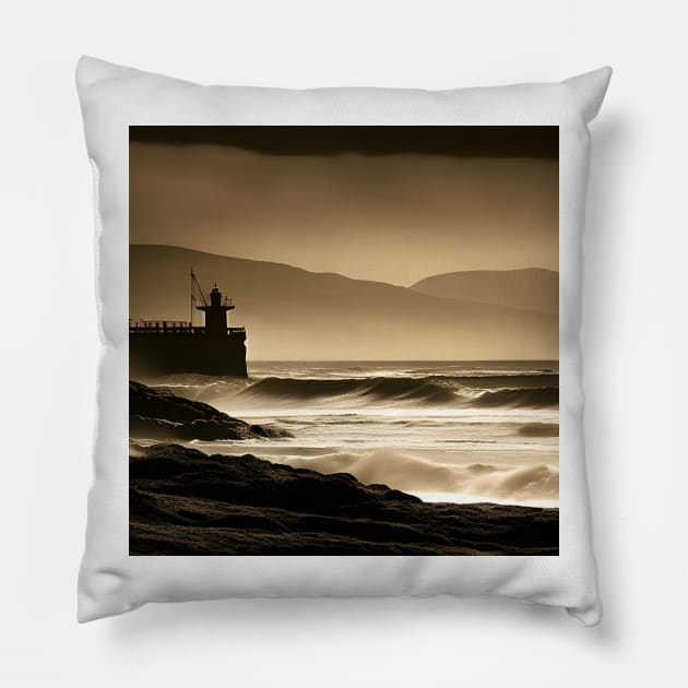 Victorian Coastal landscape Waves Pier Photo Pillow by druidwolfart