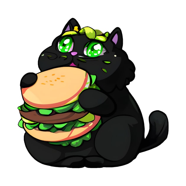 Black Fat cat eating burger by Meowsiful