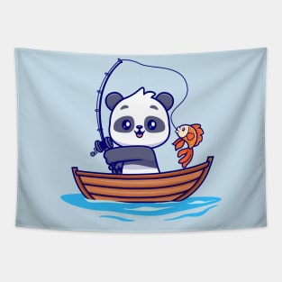 Cute Panda Fishing On Boat Cartoon Tapestry