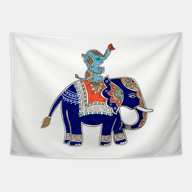 Madhubani elephants Father’s  Day Tapestry by HariniArts