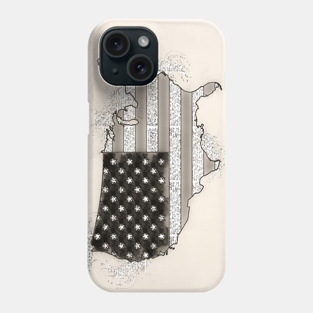 Vintage USA Map with American Flag Black and White sketch drawing Phone Case by Naumovski