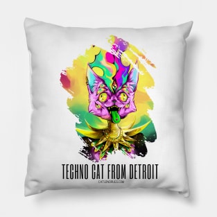 Techno cat from Detroit - My parties start on Sundays - Catsondrugs.com - rave, edm, festival, techno, trippy, music, 90s rave, psychedelic, party, trance, rave music, rave krispies, rave flyer Pillow