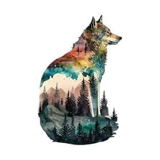 Wolf Watercolor Forest Cute Autumn Leaves Landscape Animal Print T-Shirt