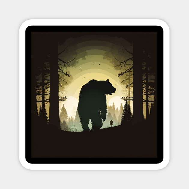 Forest with  Bear and Man Silhouette, Adventure Magnet by logiamerch